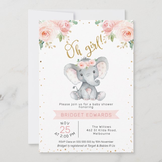 Golden Pink Girl's Safari Elephant Baby Shower Einladung (Vorderseite)