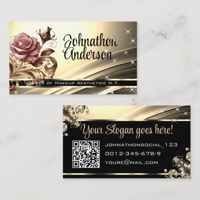 Golden Pink Rose Glitzer Stars QR Code Visitenkarte (Vorne/Hinten)