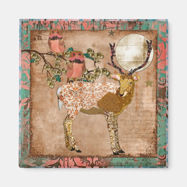 Golden Pink Sinti und Roma Owls & Verziert Buck Ma Magnet (Vorne)