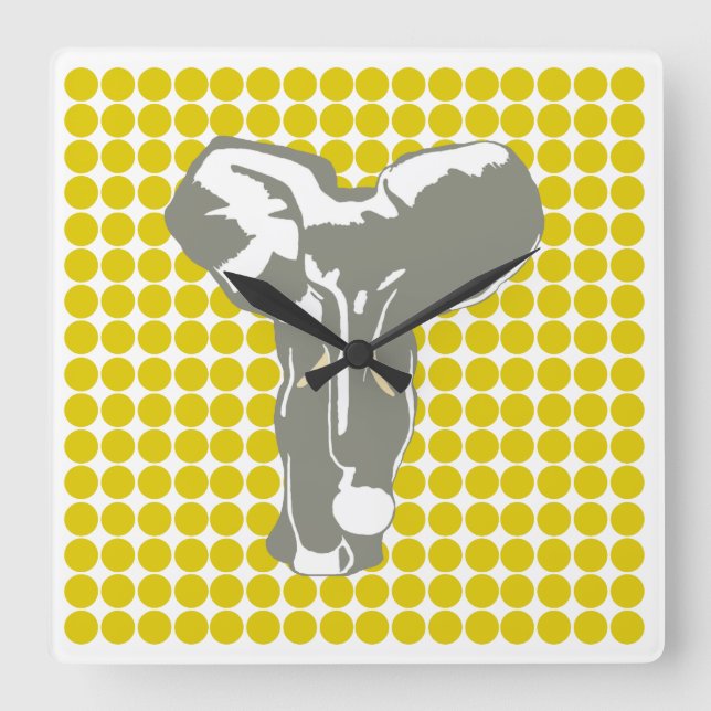 Golden Poppy Safari Dot mit Pop Art Elephant Quadratische Wanduhr (Vorderseite)