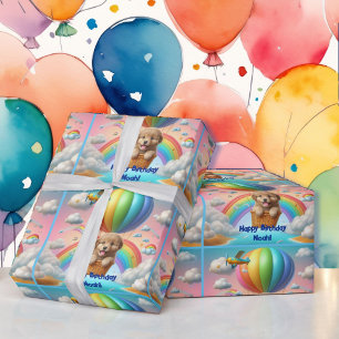 Golden Puppy Boy's Name Birthday Balloon Rainbow Geschenkpapier