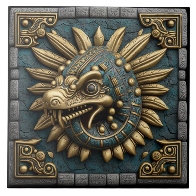 Golden Quetzalcoatl on Mayan Temple Tile Fliese (Vorderseite)