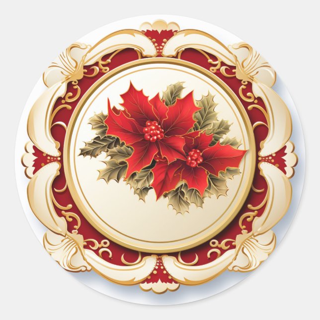 Golden Red Scroll Poinsettia Runder Aufkleber (Vorderseite)