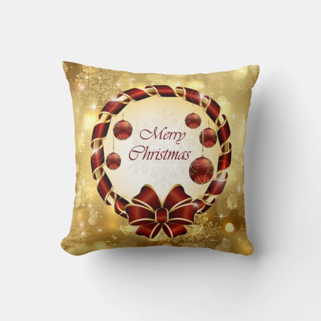 Golden & Red Weihnachtsfeier mit Bow & Snowflake Kissen (Vorderseite)