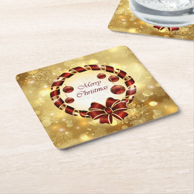 Golden & Red Weihnachtsfeier mit Bow & Snowflake Rechteckiger Pappuntersetzer (angewinkelt)
