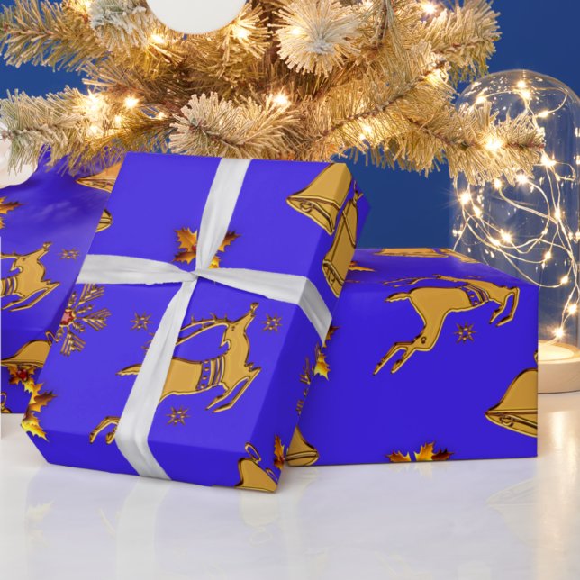 Golden Reindeer Blauer Weihnachten Geschenkpapier (Von Creator hochgeladen)