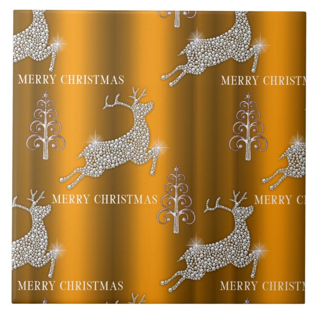 Golden Reindeer Glitzern Weihnachten Fliese (Vorderseite)