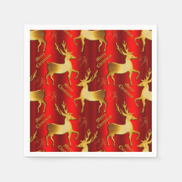 Golden Reindeer on Red Merry Christmas Serviette
