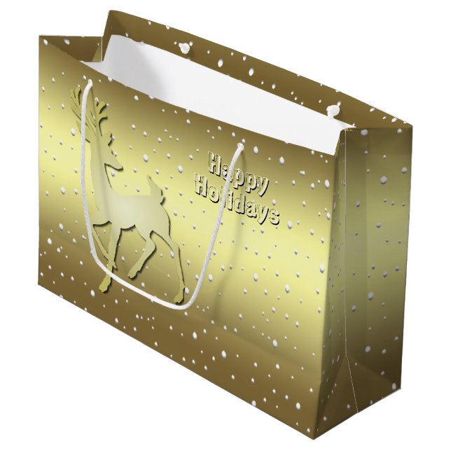 Golden Reindeer Snowy Holiday Gift Bag Große Geschenktüte (Vorderseite Schrägansicht)