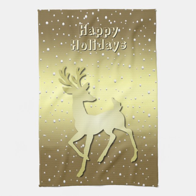 Golden Reindeer Snowy Holiday Kitchen Towel Geschirrtuch (Vertikal)