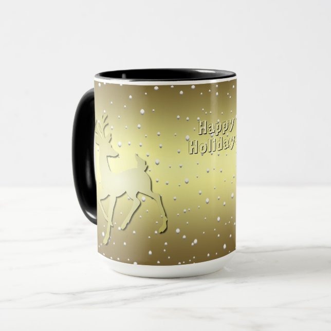 Golden Reindeer Snowy Holiday Mug Tasse (Vorderseite Links)