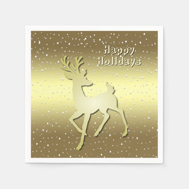 Golden Reindeer Snowy Holiday Napkin Serviette (Vorderseite)