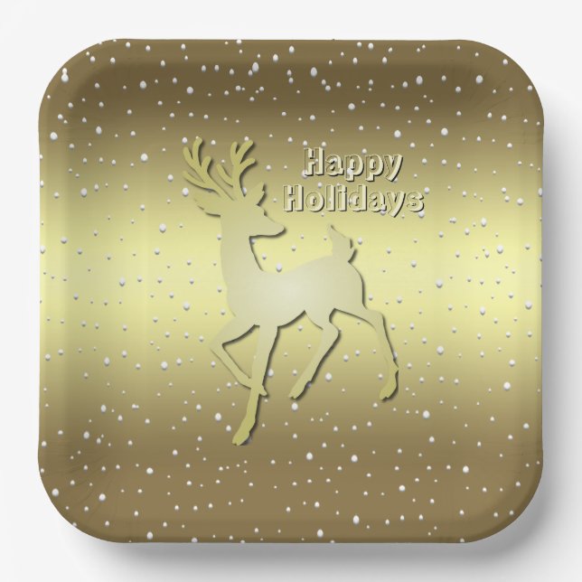Golden Reindeer Snowy Holiday Paper Plate Pappteller (Vorderseite)