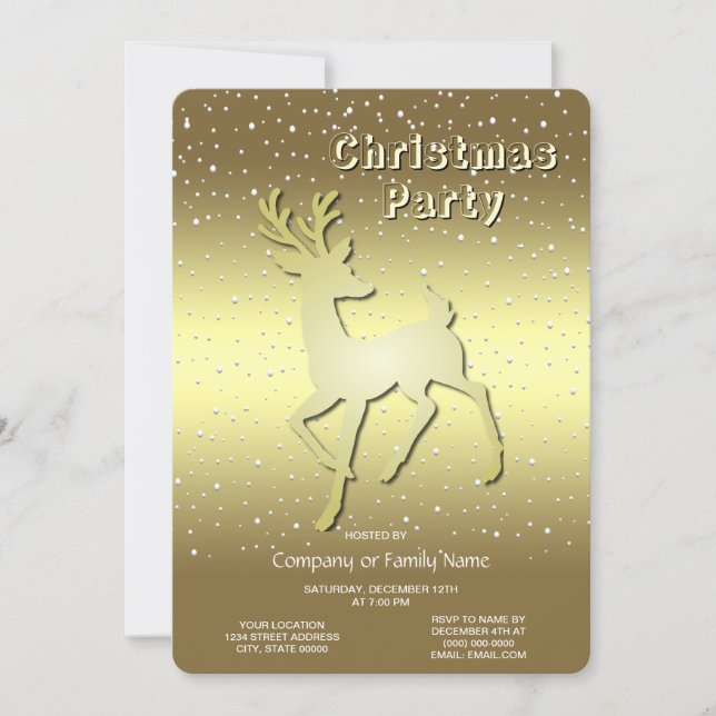 Golden Reindeer Snowy Holiday Party Invitation Einladung (Vorderseite)