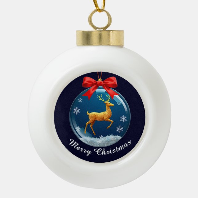 Golden Rentier Ornament mit Rotem Bow (Vorderseite)