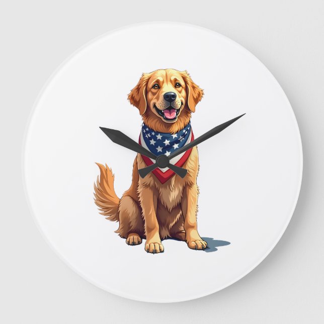 Golden Retriever 4. Juli Vintage Patriotisches T-S Große Wanduhr (Vorderseite)