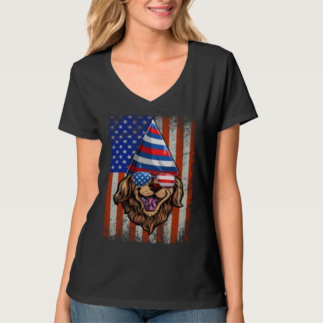 Golden Retriever 4th of July Flag American Sunglas T-Shirt (Vorderseite)