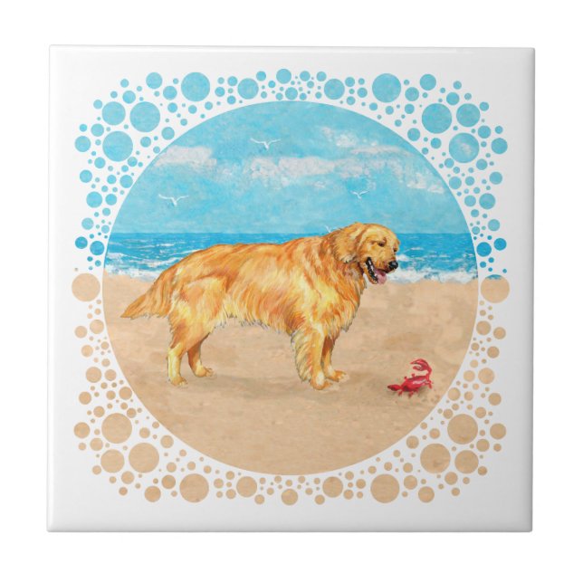 Golden Retriever am Strand Fliese (Vorderseite)