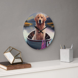 Golden Retriever auf einem Paddel: Ein landschaftl Große Wanduhr