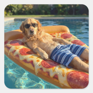Golden Retriever auf einem Pizza-Schwimmreifen Quadratischer Aufkleber