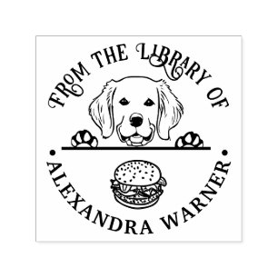 Golden Retriever beäugt Burger Bibliotheksbuch Nam Permastempel