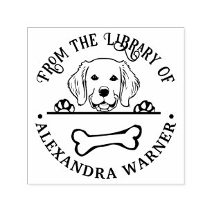Golden Retriever beobachtet Knochen Bibliotheksbuc Permastempel