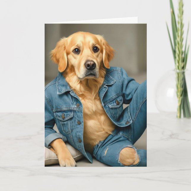 Golden Retriever Birthday in Blue Jeans Karte (Vorderseite)