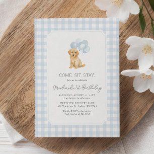 Golden Retriever Blau Gingham Geburtstag Einladung