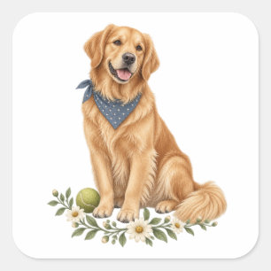 Golden Retriever Blaues Bandana Quadratischer Aufk Aufkleber