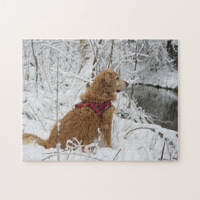 Golden Retriever Blick auf den Fluss im Schnee Puzzle (Horizontal)