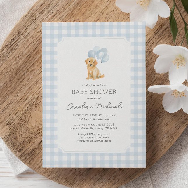 Golden Retriever Blue Gingham Baby Dusche Einladung (Von Creator hochgeladen)