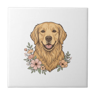 Golden Retriever Blumenvintage-Prägedesign_1 Fliese