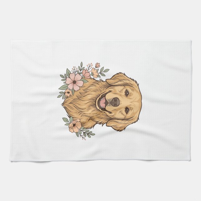 Golden Retriever Blumenvintage-Prägedesign_1 Geschirrtuch (Horizontal)