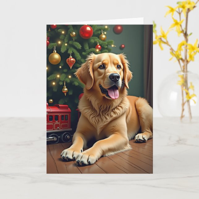 Golden Retriever by the Toy Train Christmas Karte (Gelbe Blume)