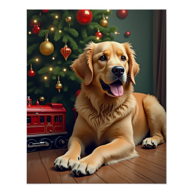 Golden Retriever by the Toy Train Christmas Poster (Vorderseite)