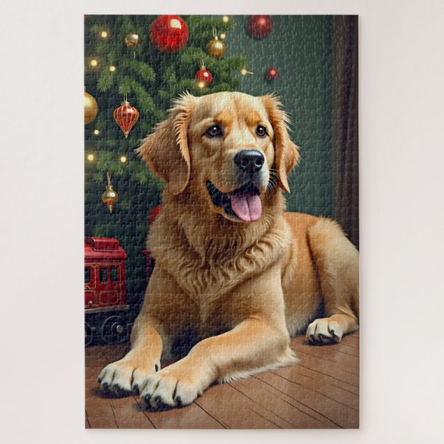 Golden Retriever by the Toy Train Christmas Puzzle (Vertikal)