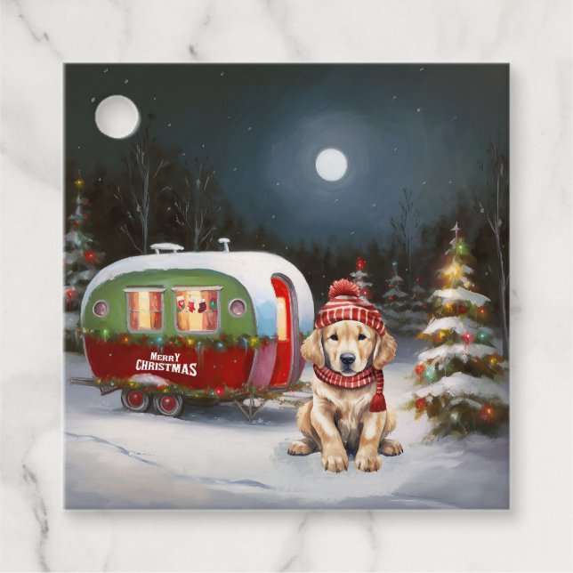 Golden Retriever Caravan Weihnachtsabenteuer Geschenkanhänger (Vorderseite)