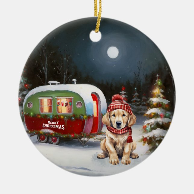 Golden Retriever Caravan Weihnachtsabenteuer Keramik Ornament (Vorne)