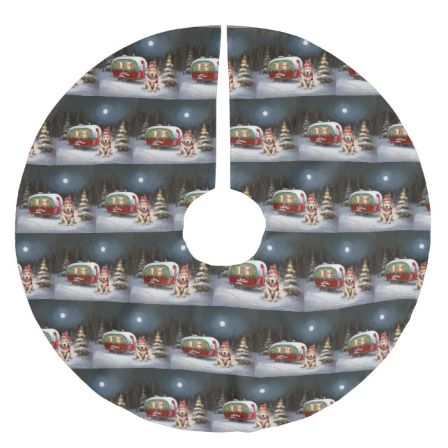 Golden Retriever Caravan Weihnachtsabenteuer Polyester Weihnachtsbaumdecke (Vorderseite)