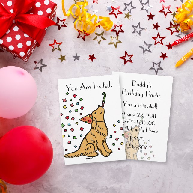 Golden Retriever Cartoon Einladungen zum Geburtsta (Birthday Golden Retriever Cartoon Invitations for dog lovers birthday party.  Cute cartoon design.)