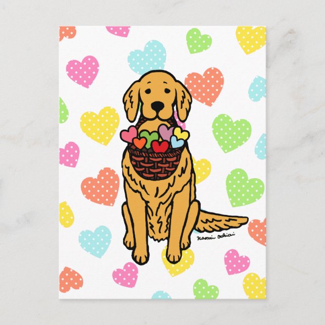 Golden Retriever Cartoon Hearts Postkarte (Vorderseite)