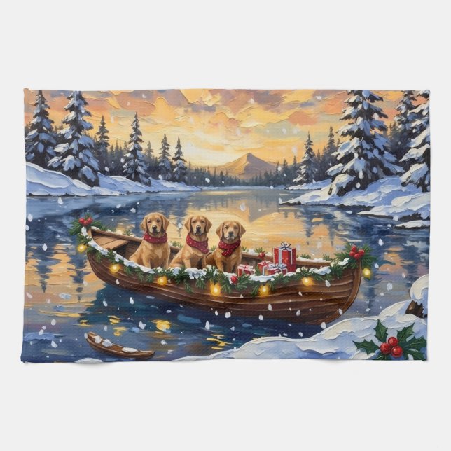 Golden Retriever Christmas Boat Holiday Geschirrtuch (Horizontal)