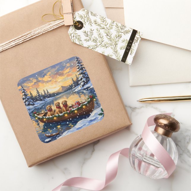 Golden Retriever Christmas Boat Holiday Quadratischer Aufkleber (Schenken)