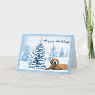 Golden Retriever Christmas Card Blue Tree2 Feiertagskarte