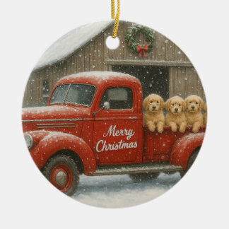 Golden Retriever Christmas Puppies in Old Truck Keramik Ornament