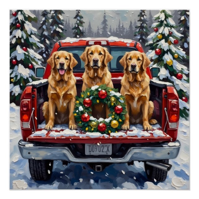 Golden Retriever Christmas Red Truck Holiday Poster (Vorderseite)