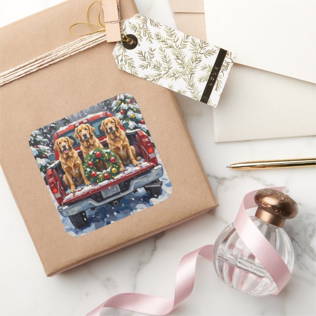 Golden Retriever Christmas Red Truck Holiday Quadratischer Aufkleber (Schenken)