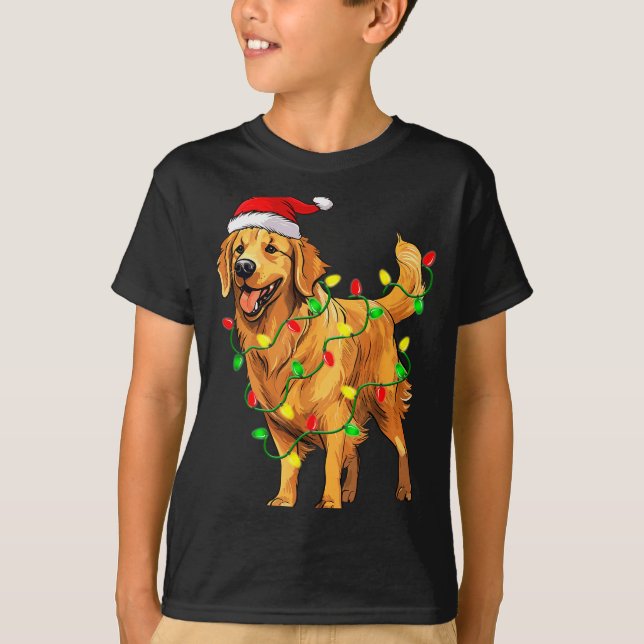 Golden Retriever Christmas Santa Hat Tree Lights P T-Shirt (Vorderseite)