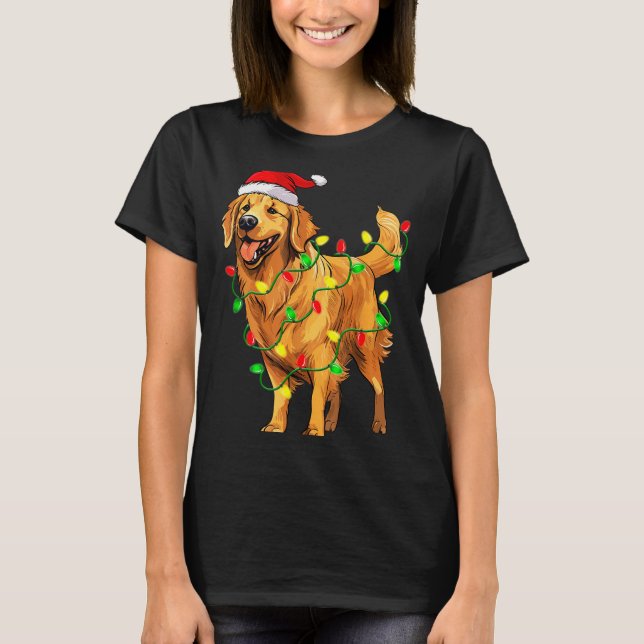 Golden Retriever Christmas Santa Hat Tree Lights P T-Shirt (Vorderseite)