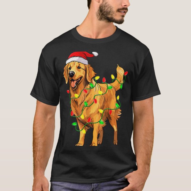 Golden Retriever Christmas Santa Hat Tree Lights P T-Shirt (Vorderseite)